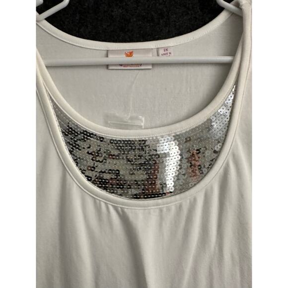 New Quacker Factory Silver Sequin White Top 2X Stretch Mature - Picture 2 of 6